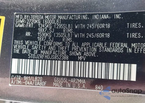 2018 Toyota Highlander Xle z USA, uszkodzony, nr VIN 5TDJZRFH0JS852388